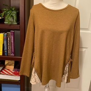 QVC LOGO Lounge by Lori Goldstein Mustard Tunic with Lace Peek-a-boos